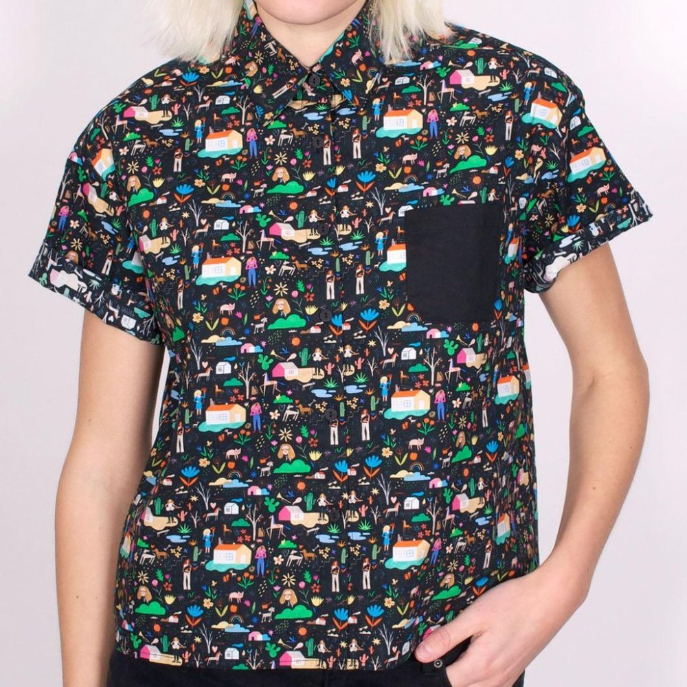 Rachel Antonoff Jonny Shirt Girls in Town Multicolor Print Boxy Crop Size Small